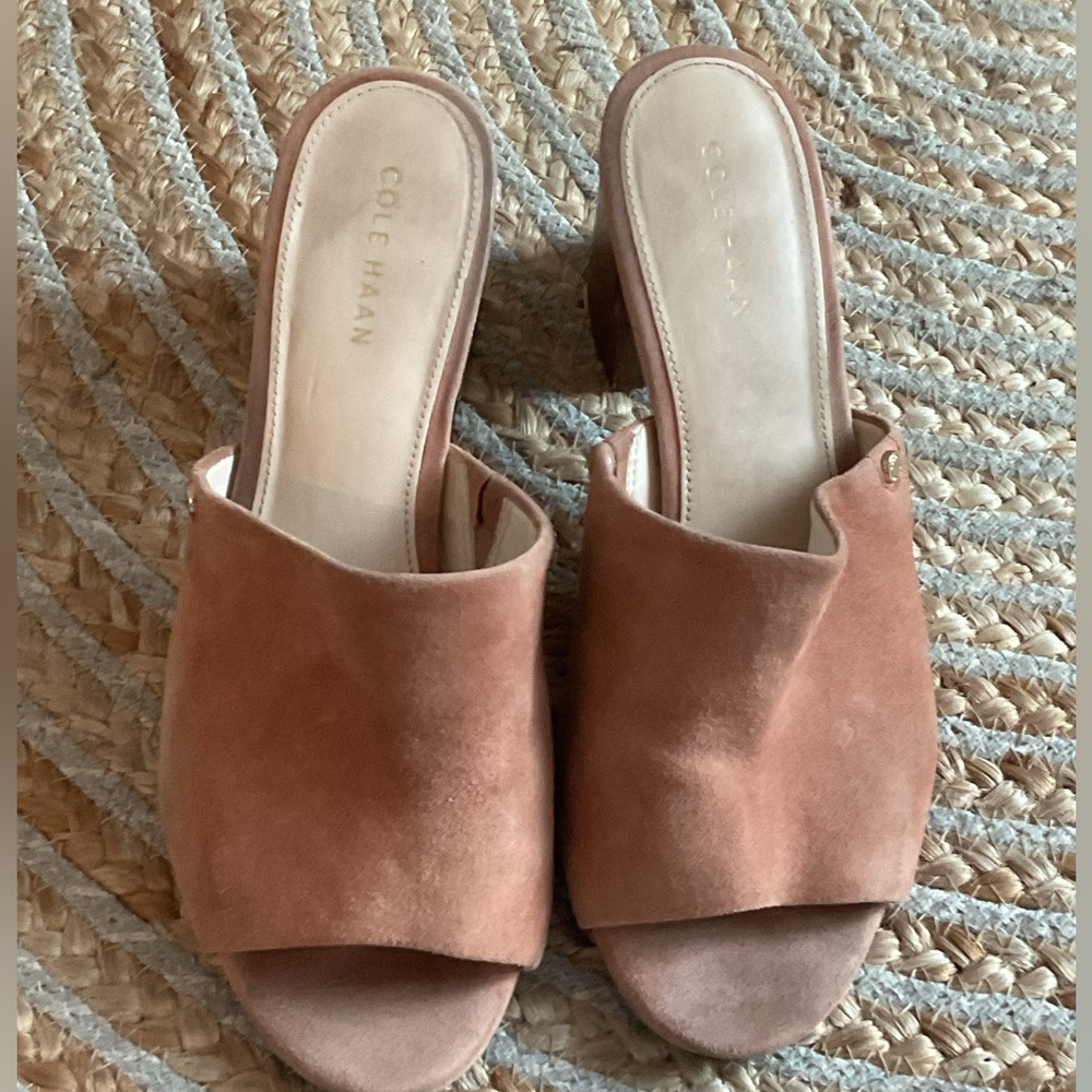 Cole Haan Salmon Suede Block Heels Slide In Shoes.